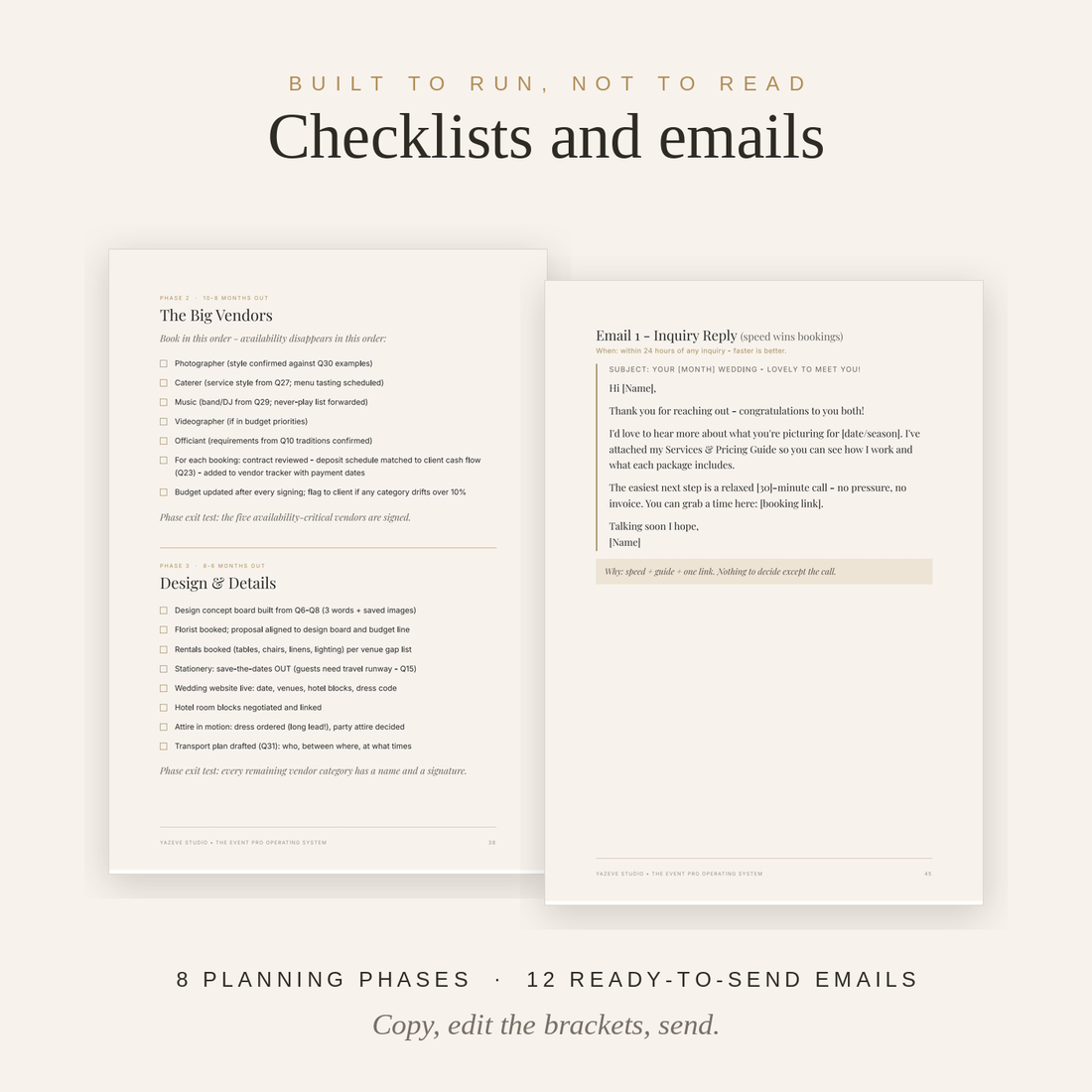Sample pages: workflow checklists and ready-to-send emails